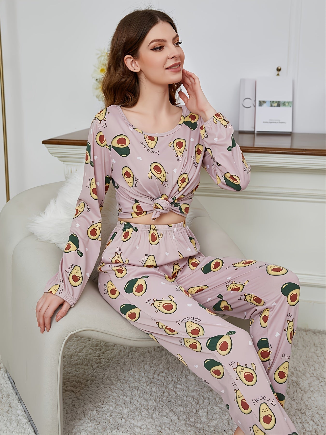 Avocado Print Pajama Set Long Sleeve Top & Pants Women's Sleepwear