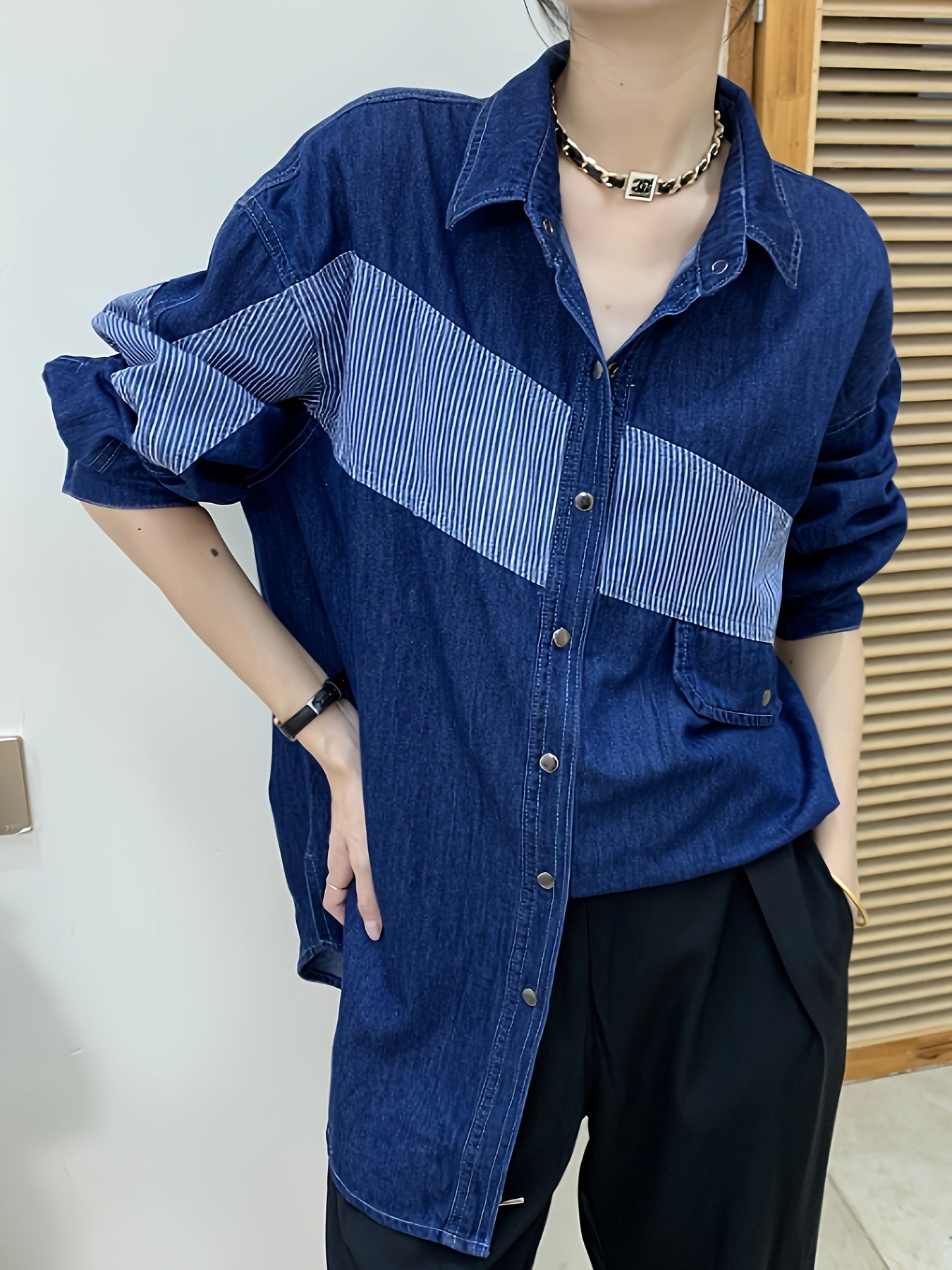 Colorblock Stripe Print Denim Top