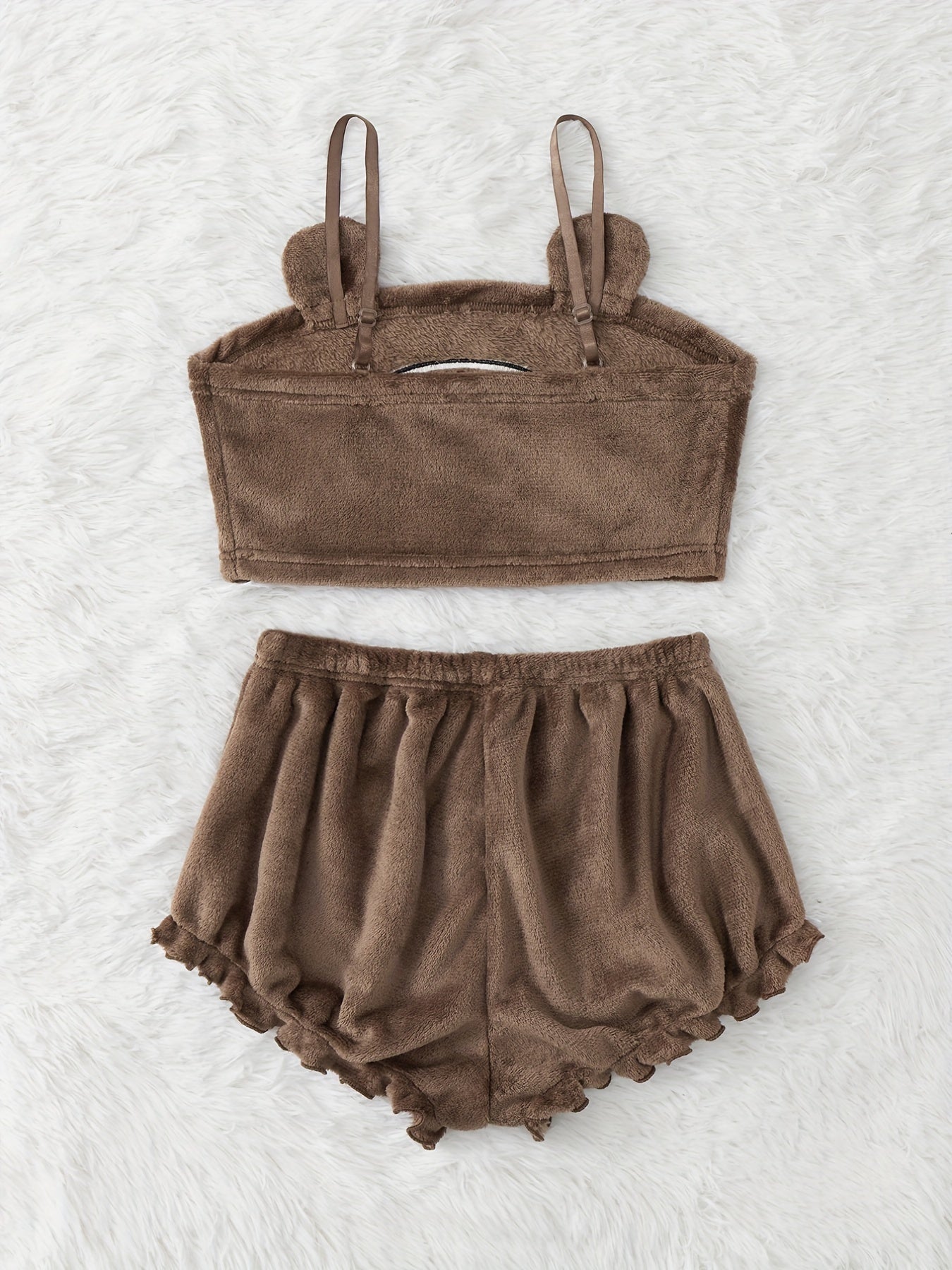 Cartoon Print Pajama Set Flannel Cami Top & Ruffle Shorts