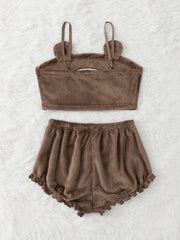 Cartoon Print Pajama Set Flannel Cami Top & Ruffle Shorts