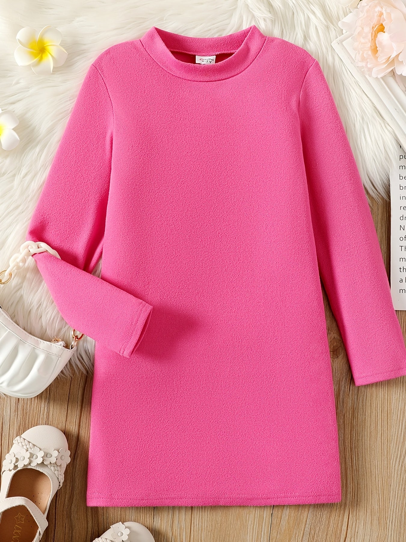 Kid Girl Solid Stand Collar Long Sleeve Knit Dress