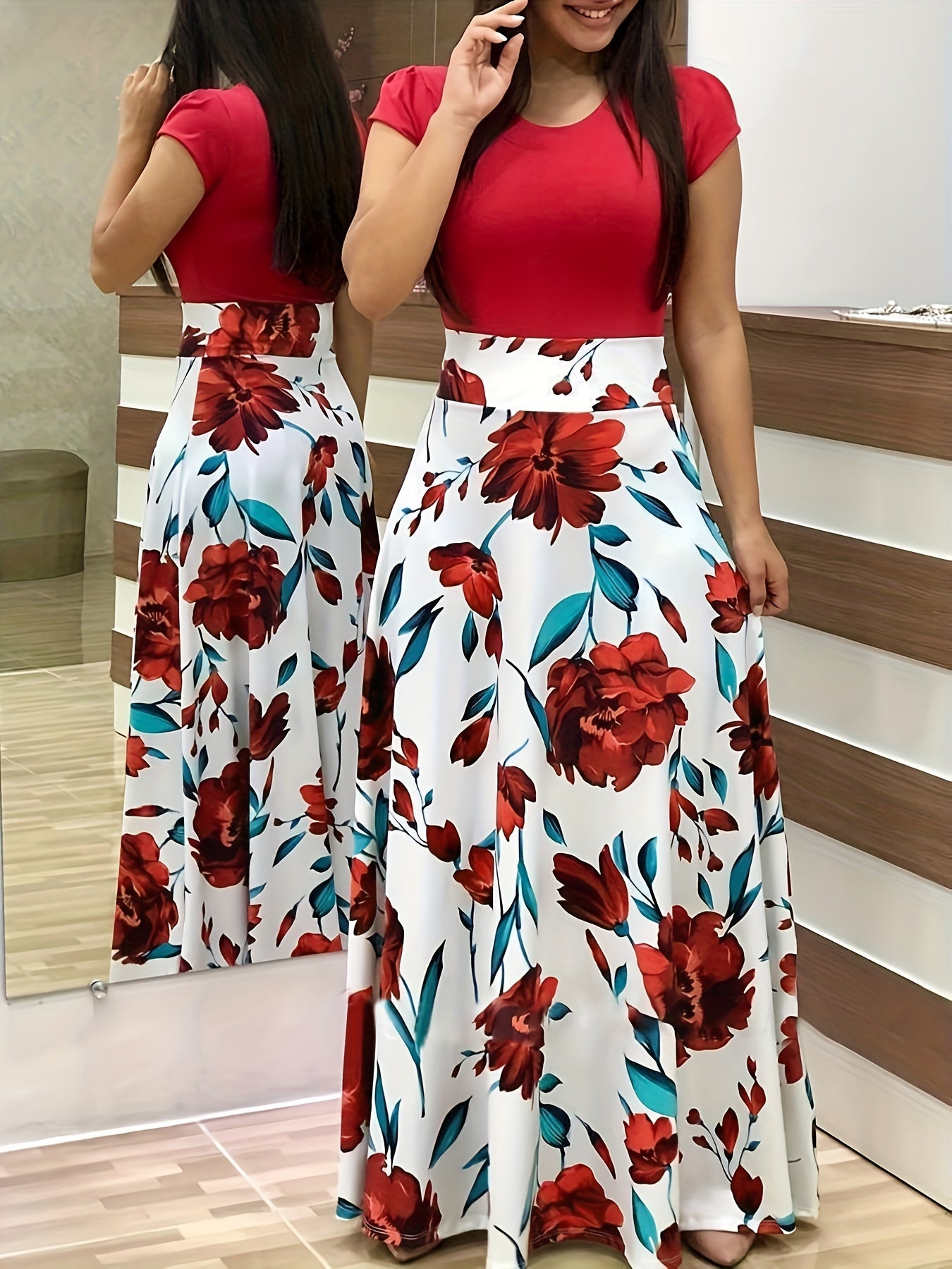 Floral Print Maxi Dress Short Sleeve Crew Neck