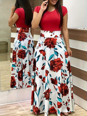 Floral Print Maxi Dress Short Sleeve Crew Neck