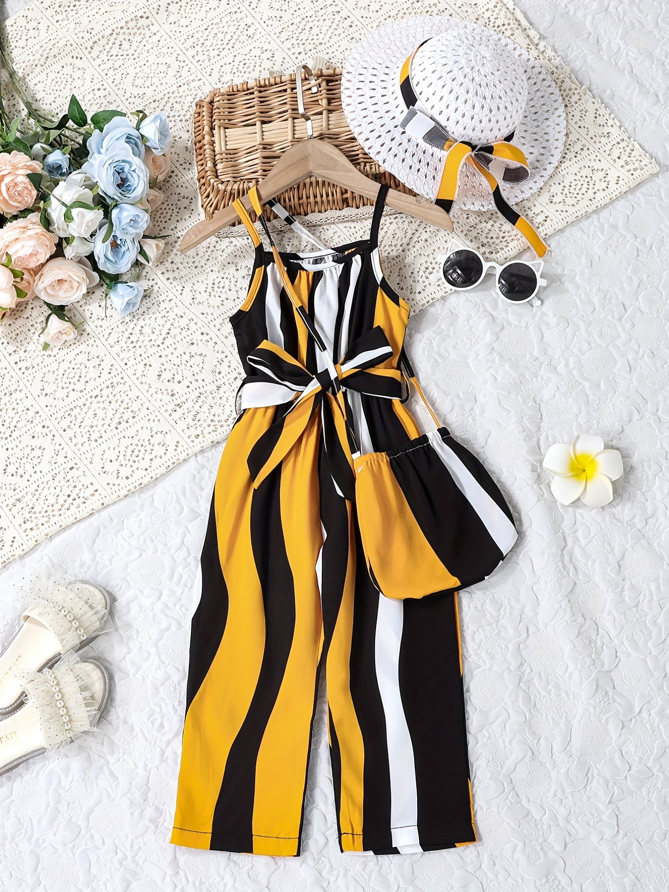 Toddler Girls Striped Belted Cami Romper Set with Hat for Beach Vacation