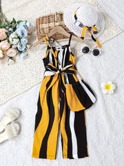 Toddler Girls Striped Belted Cami Romper Set with Hat for Beach Vacation