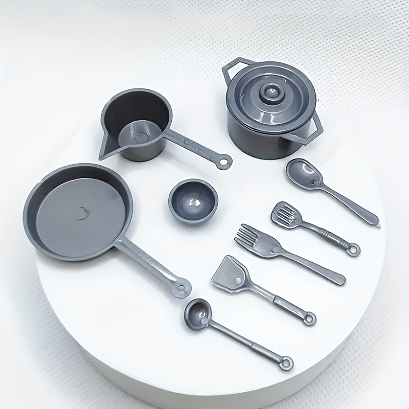 10pcs Dollhouse Mini Kitchen Cookware Set - Stovetop Pots and Pans 1:12 Scale
