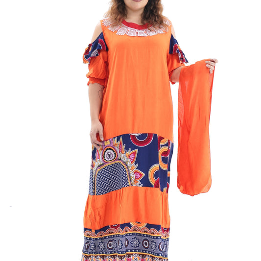Ramadan Kaftan Dress Set Women's Plus Graphic Print Contrast Lace