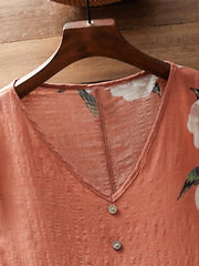 Floral Print V-Neck Dress Button Detail Short Sleeve Plus Size