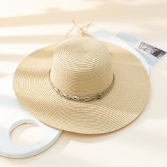 Wide Brim Sun Hat Solid UV Protection Outdoor Straw Hats Resin Shell Decor