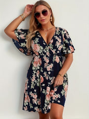 Floral Print Dress Flutter Sleeve Stretchy Casual D