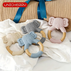 Silicone Baby Teether Toy with Natural Beech Wood Handle