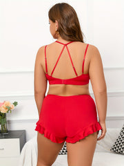 Rhinestone Strappy Bra & Ruffle Trim Shorts Underwear Set