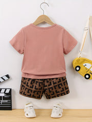 Boys Messenger Bag Print T Shirt & Geometry Print Shorts Set