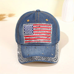 Flag Patch Baseball Cap Rhinestone Denim Washed Distressed Dad Hat