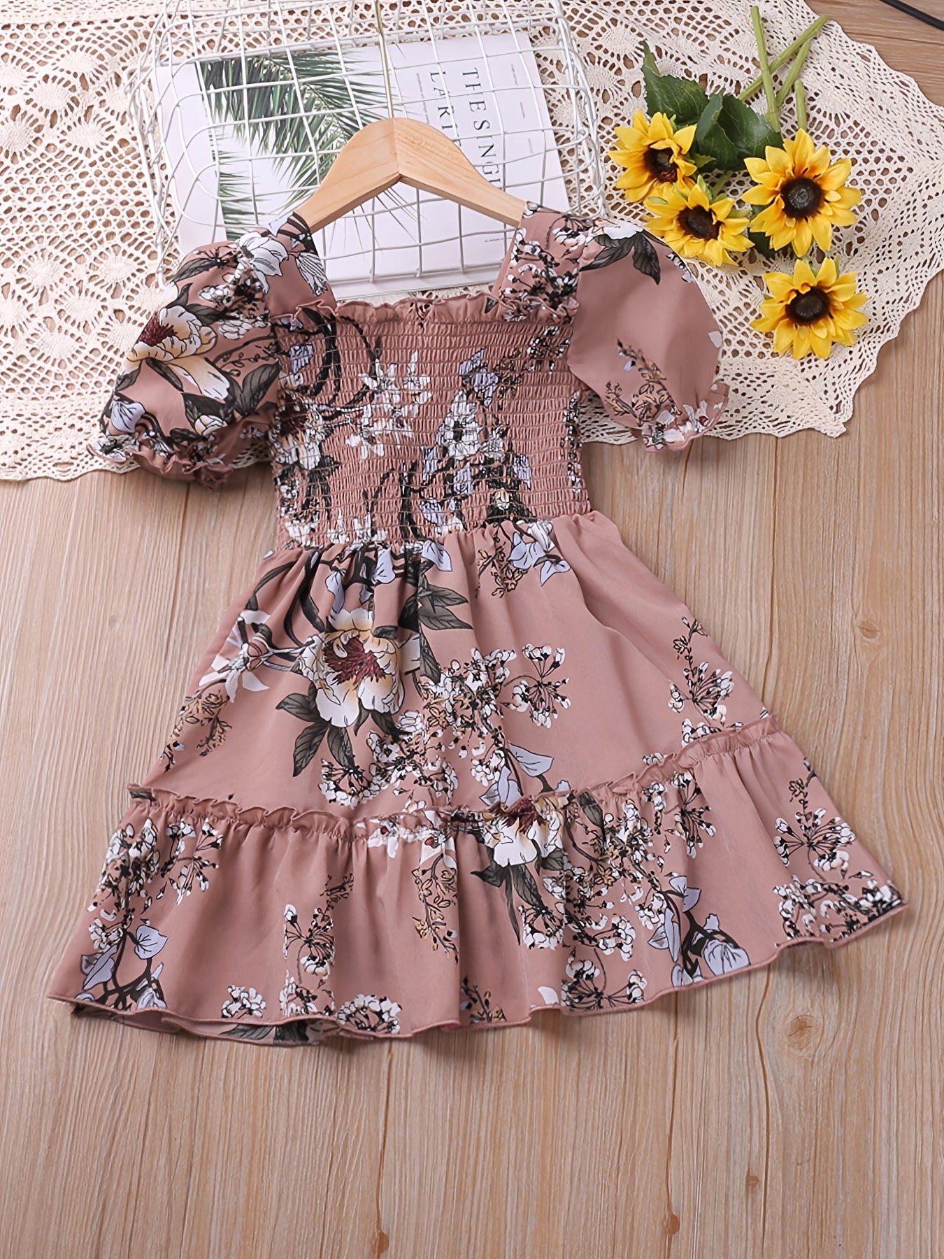 Toddler Girls Puff Sleeve Frill Trim Floral Ruffle Princess Dress
