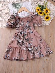 Toddler Girls Puff Sleeve Frill Trim Floral Ruffle Princess Dress