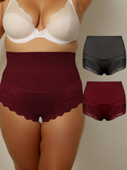 2 Pack Plus Size Panties Set Women's Plus Contrast Lace High Rise Tummy Control