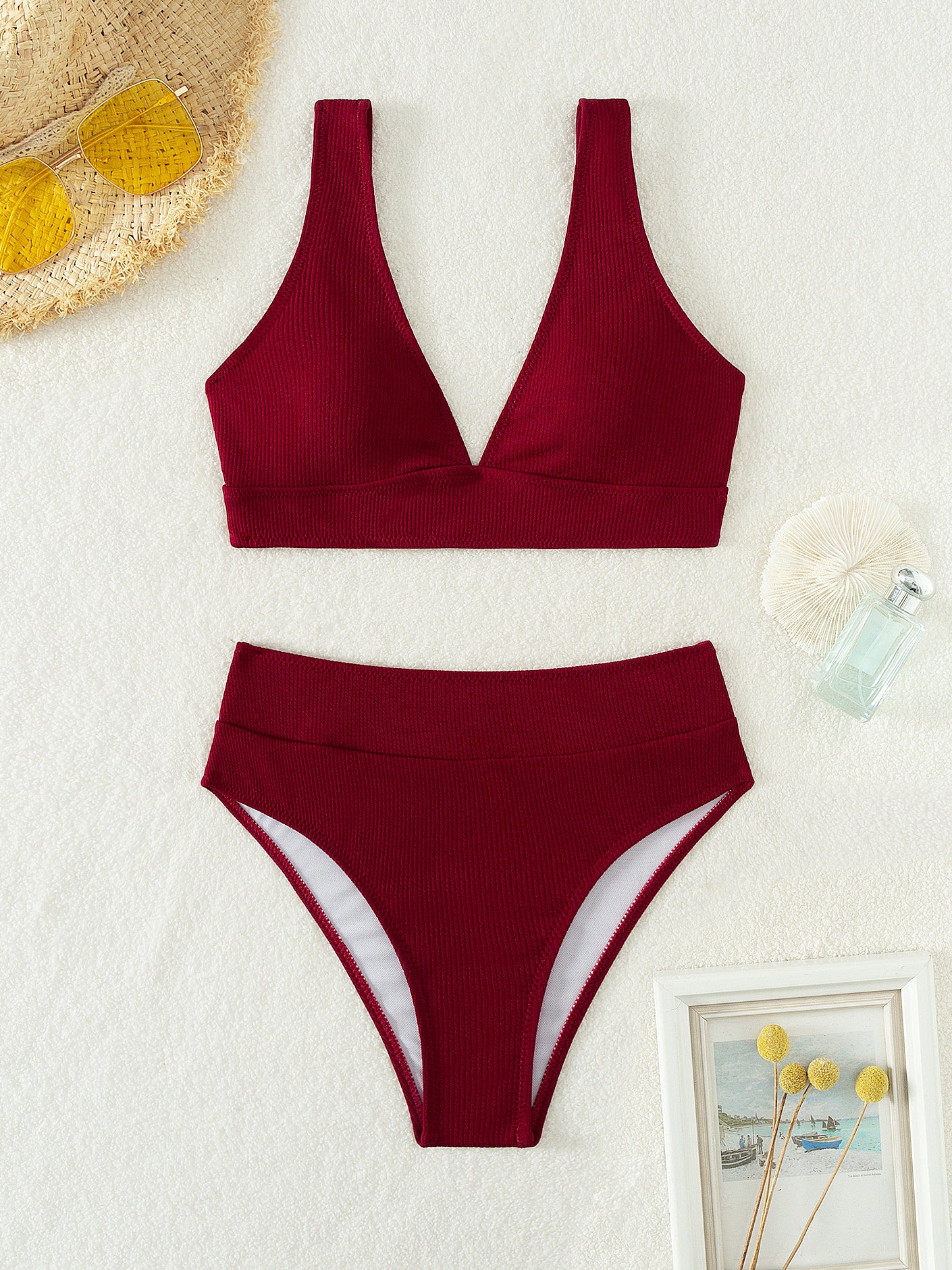 Solid Rib nit High Waist Bikini Swimsuit
