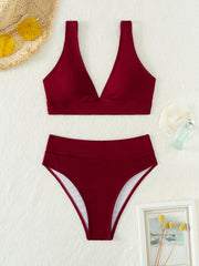 Solid Rib nit High Waist Bikini Swimsuit
