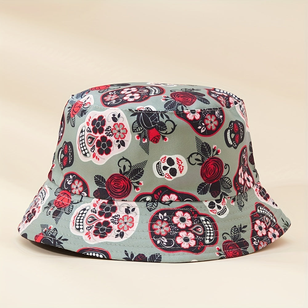 Skull Rose Print Sunshade Bucket Hat for Outdoor Travel