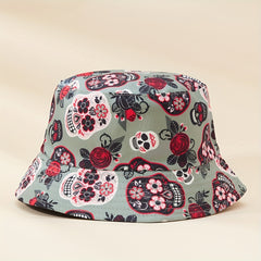 Skull Rose Print Sunshade Bucket Hat for Outdoor Travel