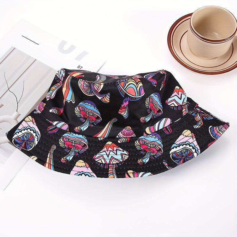 Cartoon Mushroom Print Bucket Hat Basin Hat Unisex Lightweight Fisherman Cap