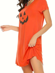 Halloween Pumpkin Face Print Round Neck Tee Sleep Dress