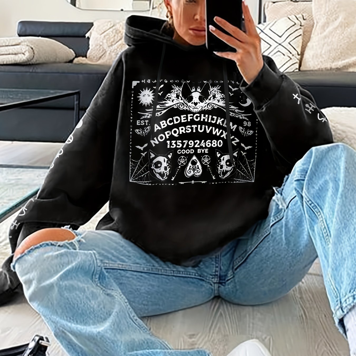 Skull Print Drawstring Hoodies Gothic Long Sleeve Sweatshirt