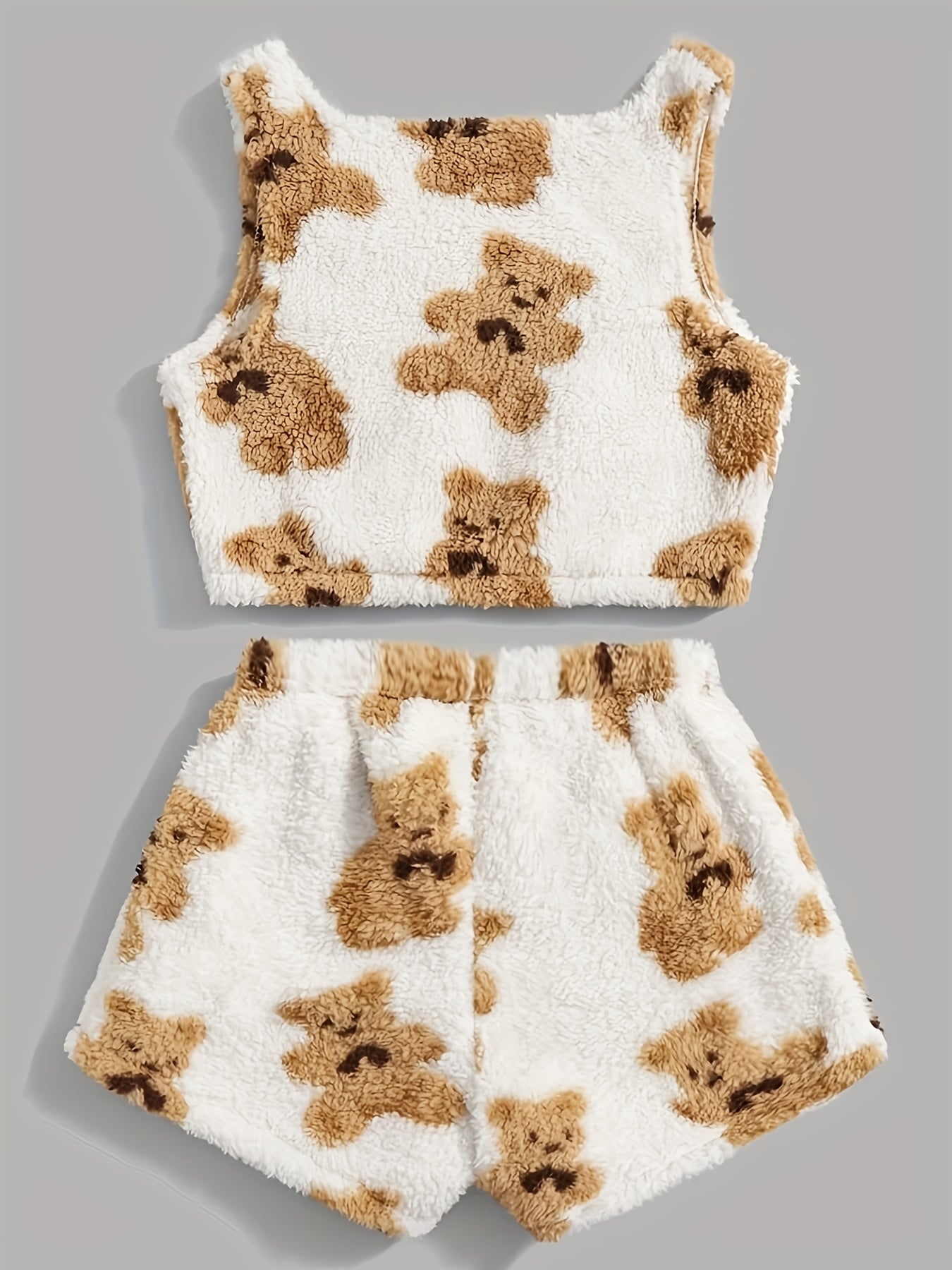 Bear Print Lounge Set Crew Neck Tank & Fuzzy Shorts Women's Loungewear