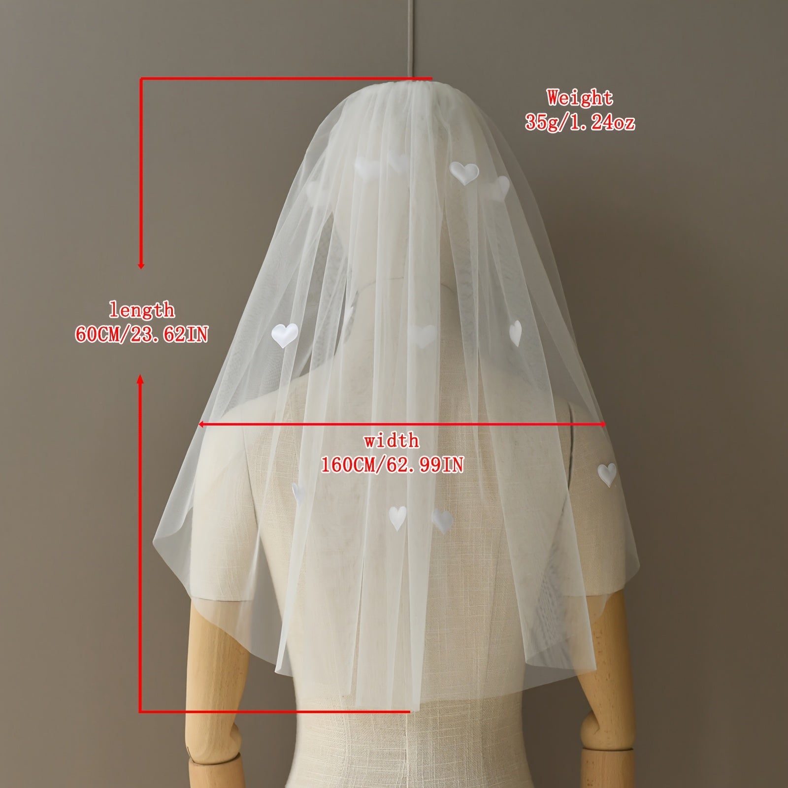 Short Bridal Veil with Heart Embellishments Sheer Nylon Wedding Veil