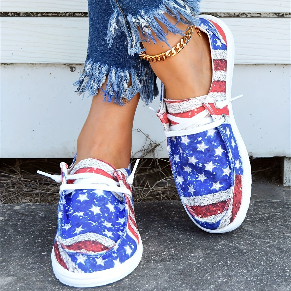 Women's Patriotic Canvas Shoes Low Top Lace Up Boat Shoes