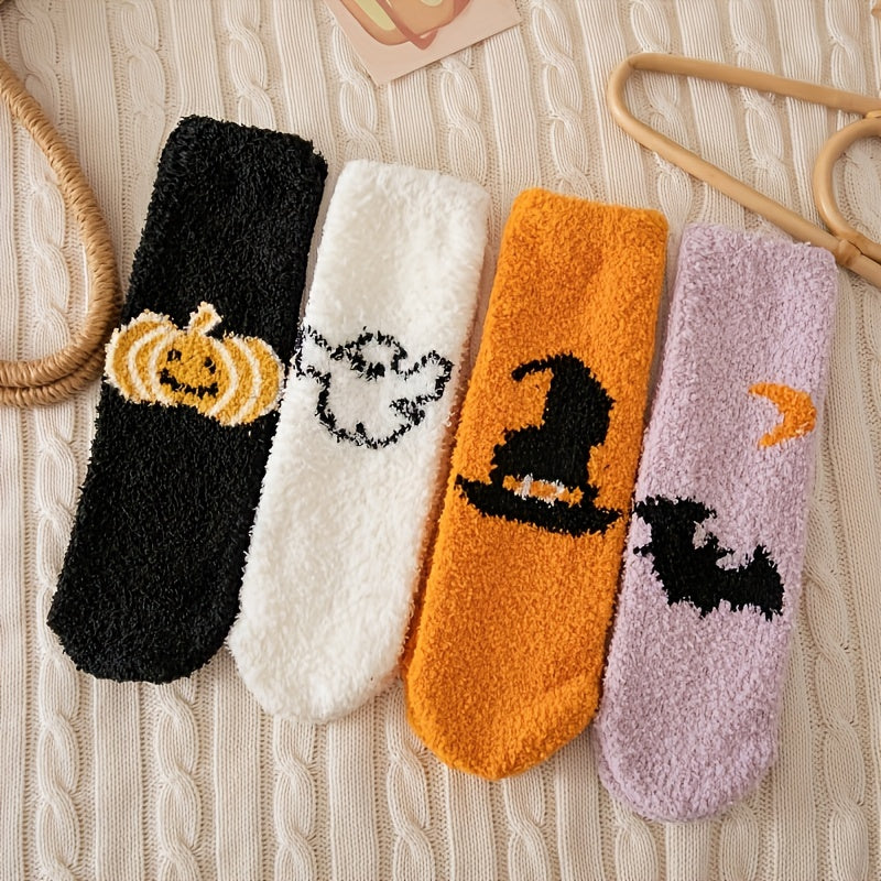 4 Pairs Pumpkin & Bat Print Halloween Fuzzy Socks Women's Stockings