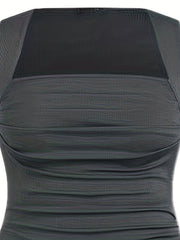 Solid Ribbed Square Neck Ruched Bodycon Dress