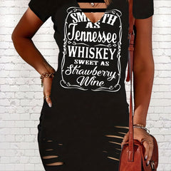 Ripped Letter Print Dress Sexy Cut Out V Neck Short Sleeve Dress
