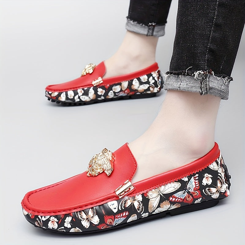 Men's Floral Print Slip On Loafers Smart Casual Dress Up Shoes