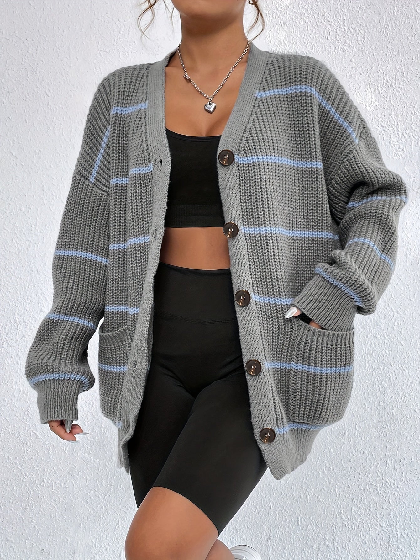 Stripe Print Button Up Long Sleeve Open Front Cardigan