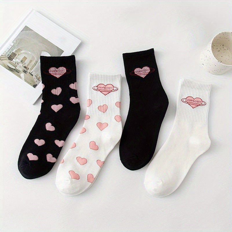 4 Pairs Heart Pattern Socks Comfy & Breathable Mid Tube Socks