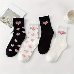 4 Pairs Heart Pattern Socks Comfy & Breathable Mid Tube Socks