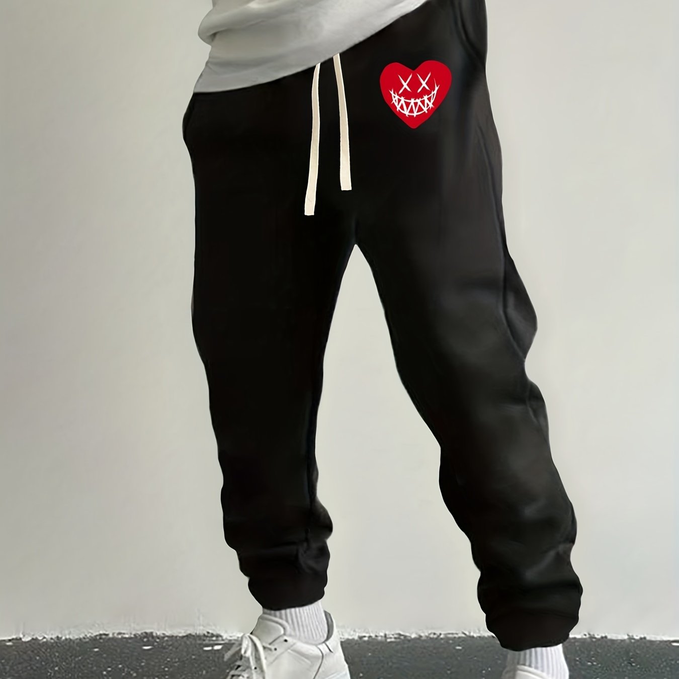 Love Heart Print Drawstring Sweatpants Loose Fit Pants Men's Casual Joggers