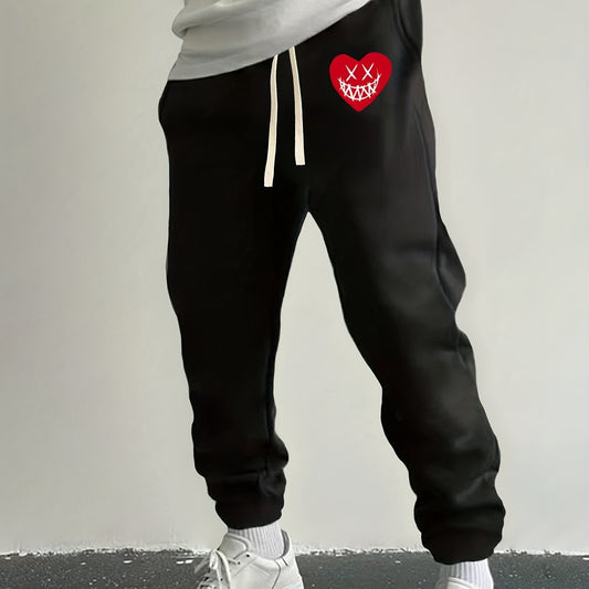 Love Heart Print Drawstring Sweatpants Loose Fit Pants Men's Casual Joggers