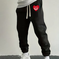 Love Heart Print Drawstring Sweatpants Loose Fit Pants Men's Casual Joggers