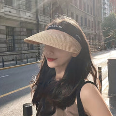 Straw Ponytail Visor Hat Wide Brim UV Protection Sun Hat