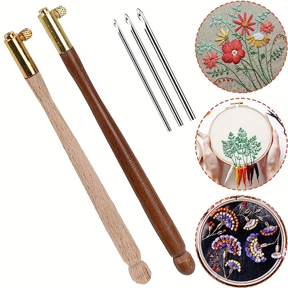 Embroidery Crochet Hooks w/ 3 Needles Wooden Handle French Tambour Tools