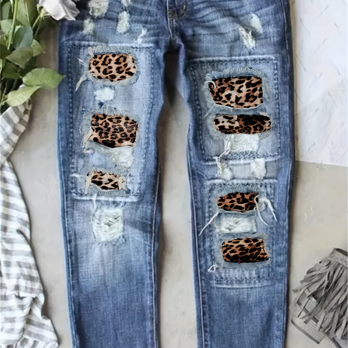 Leopard Print Patchwork Straight Jeans Ripped Holes Non Stretch Denim Pants