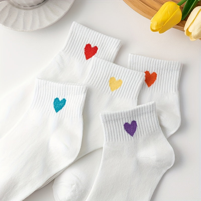 5 Pairs Heart Print Crew Socks Women's Stockings