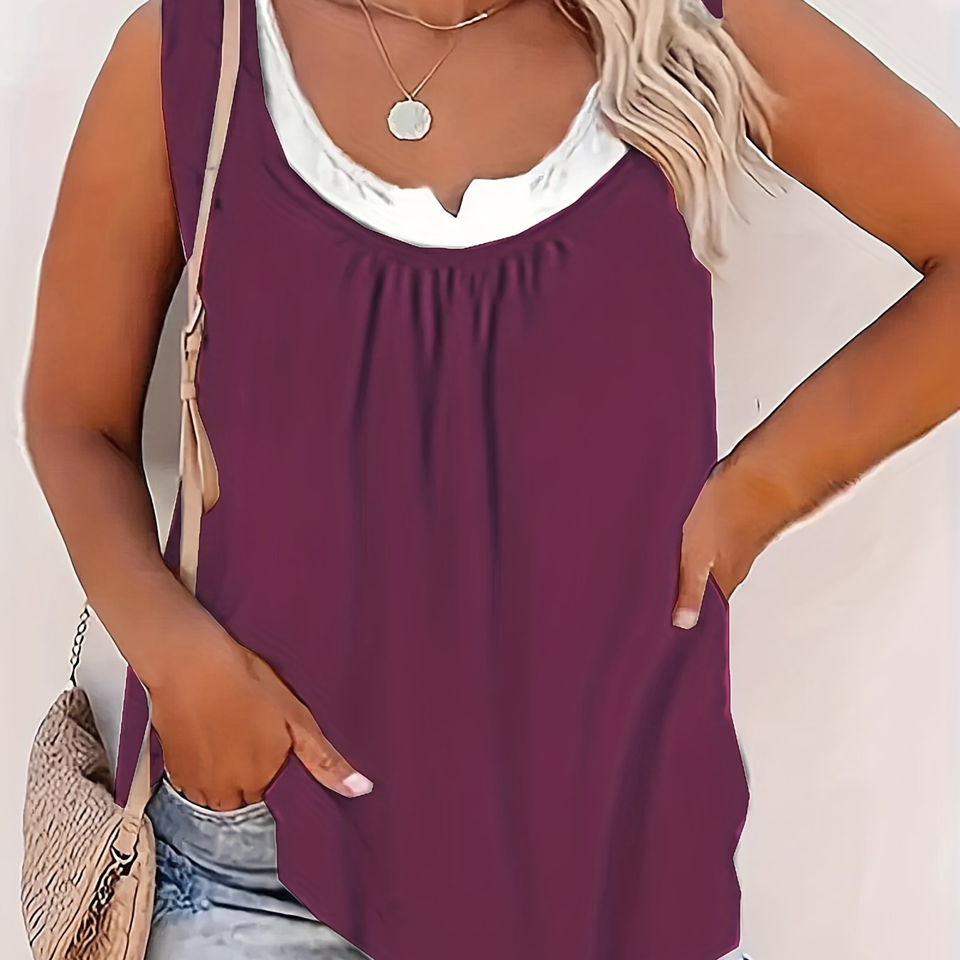 Colorblock Notched Neck Tank Top