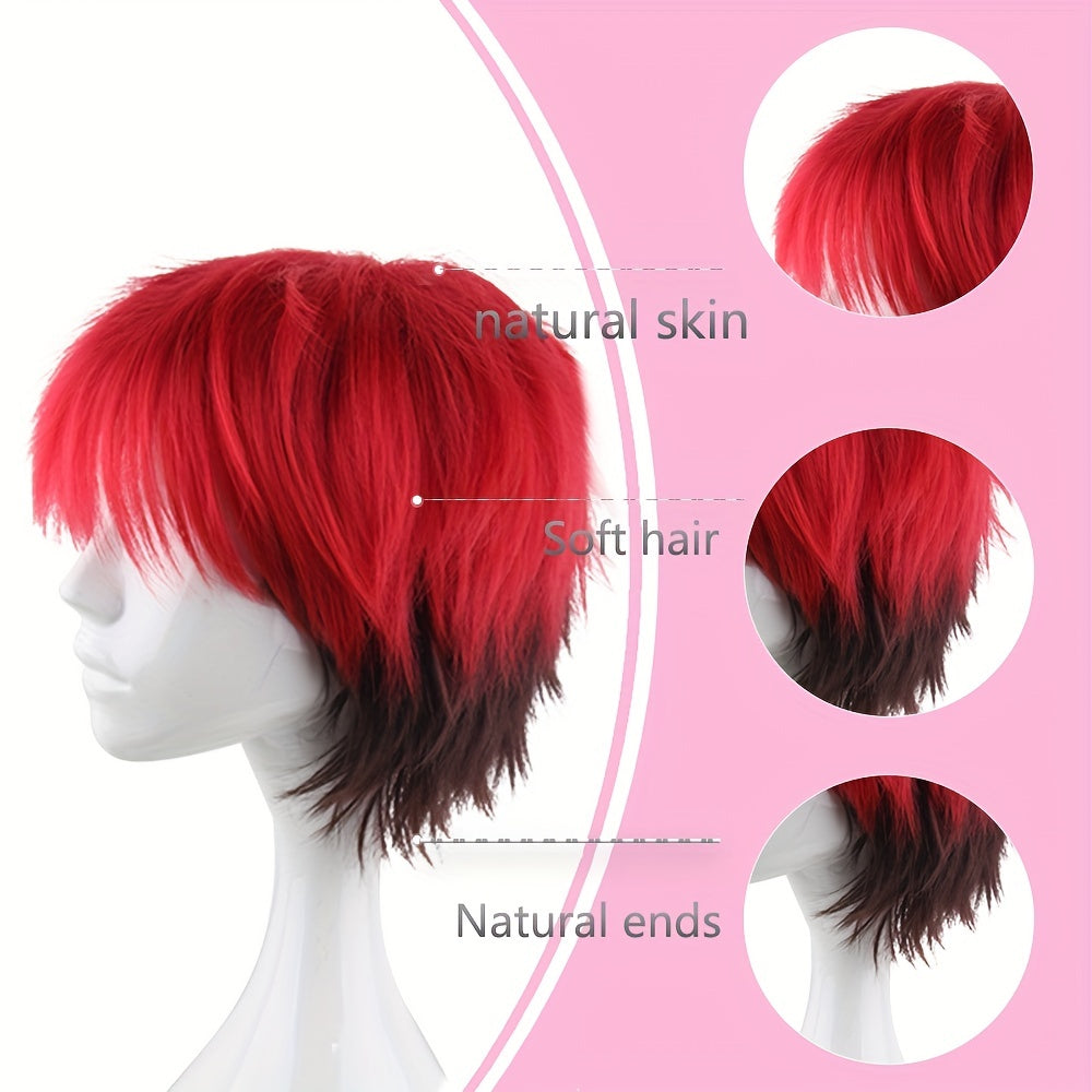 Men's 12 Inch Red Gradient Anime Dress Up Wig Cosplay Synthetic Fiber Wig