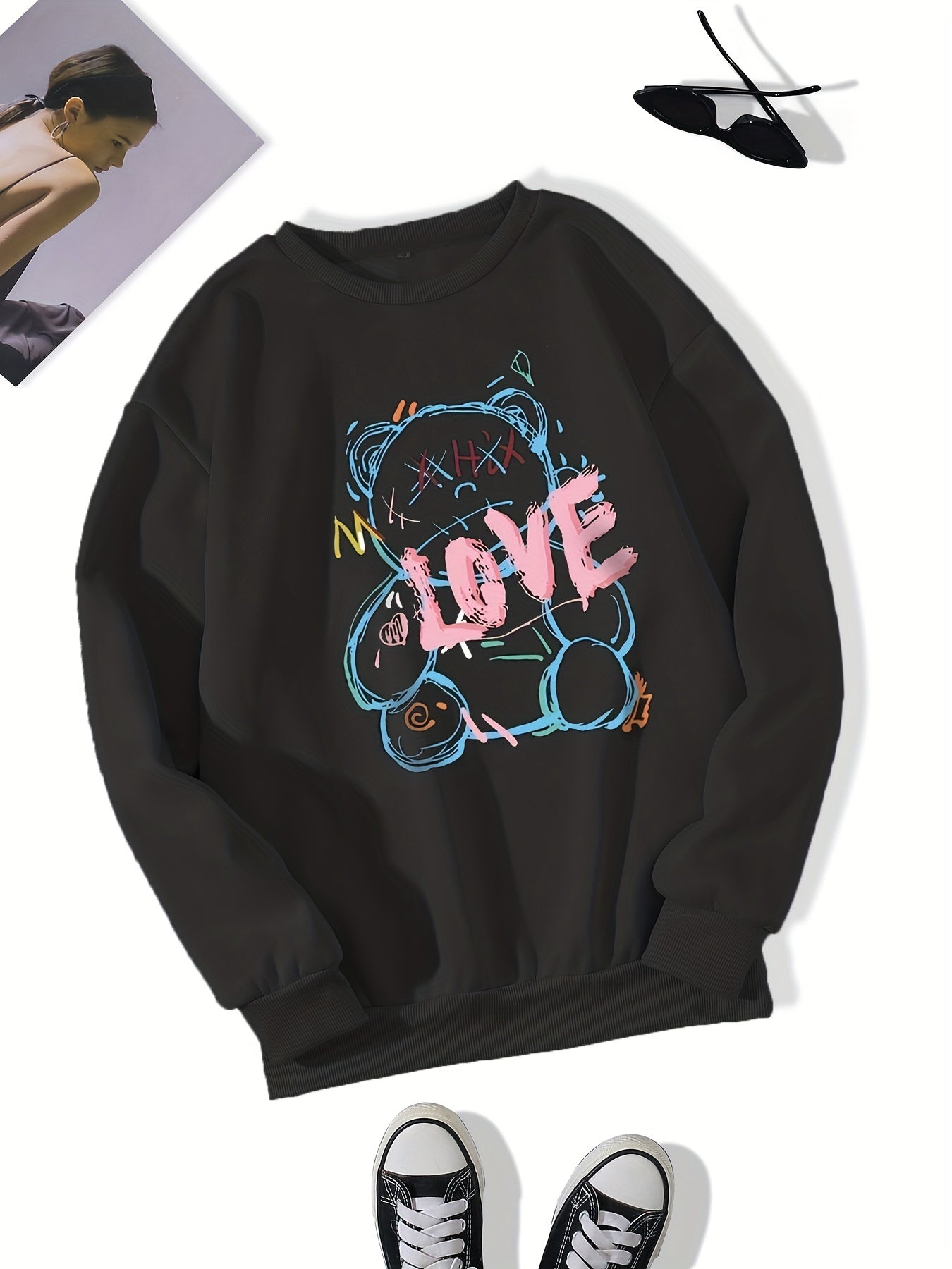Letter & Bear Print Sweatshirt Crew Neck Pullover