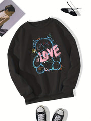 Letter & Bear Print Sweatshirt Crew Neck Pullover