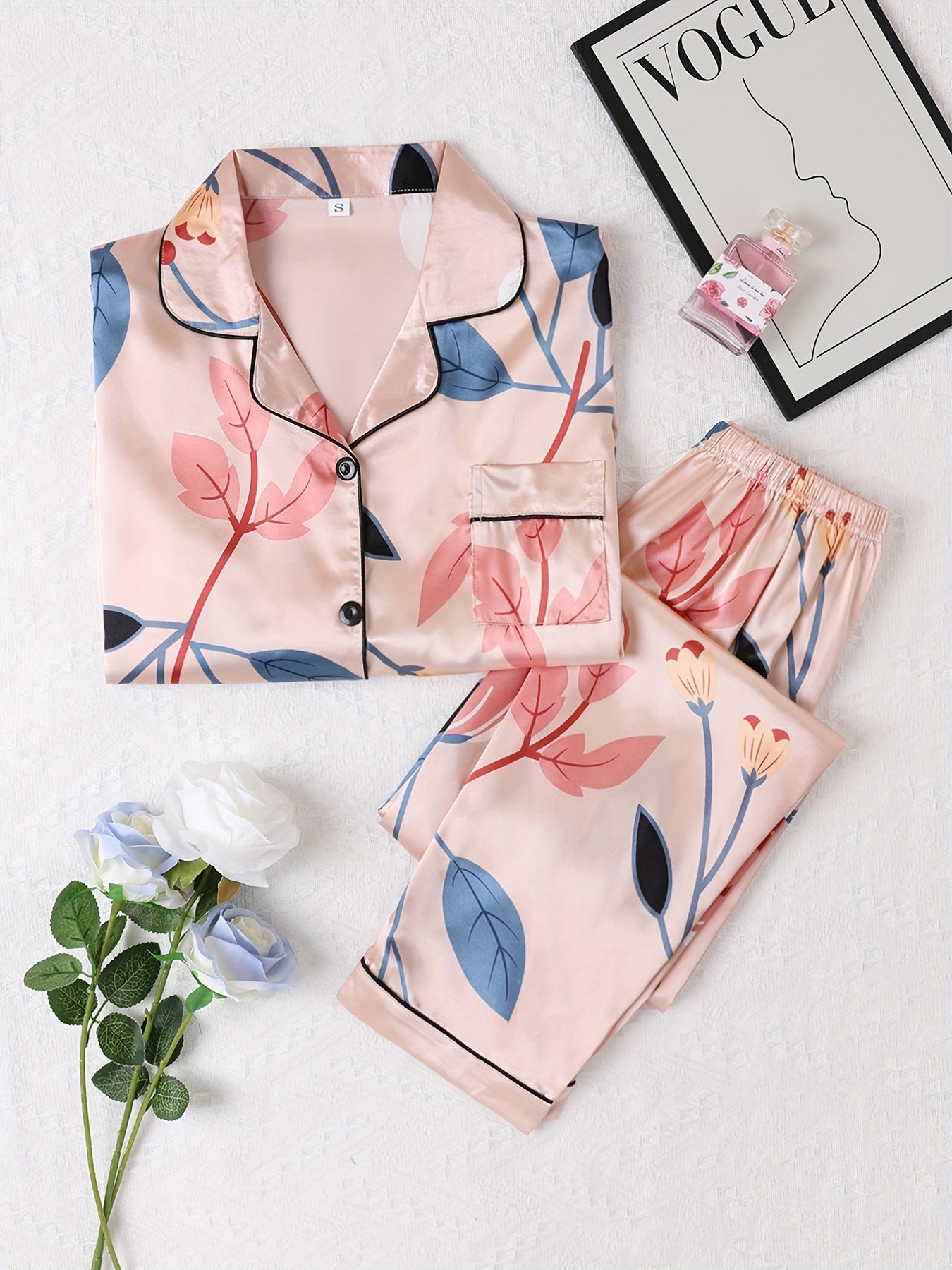 Floral Print Pajama Set Long Sleeve Buttons Top & Elastic Waistband Pants
